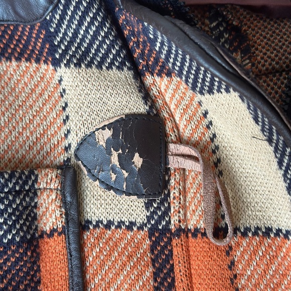 525 America Womens Orange & Navy Buffalo Plaid & Leather Trim Coat Toggle Button - Picture 9 of 10